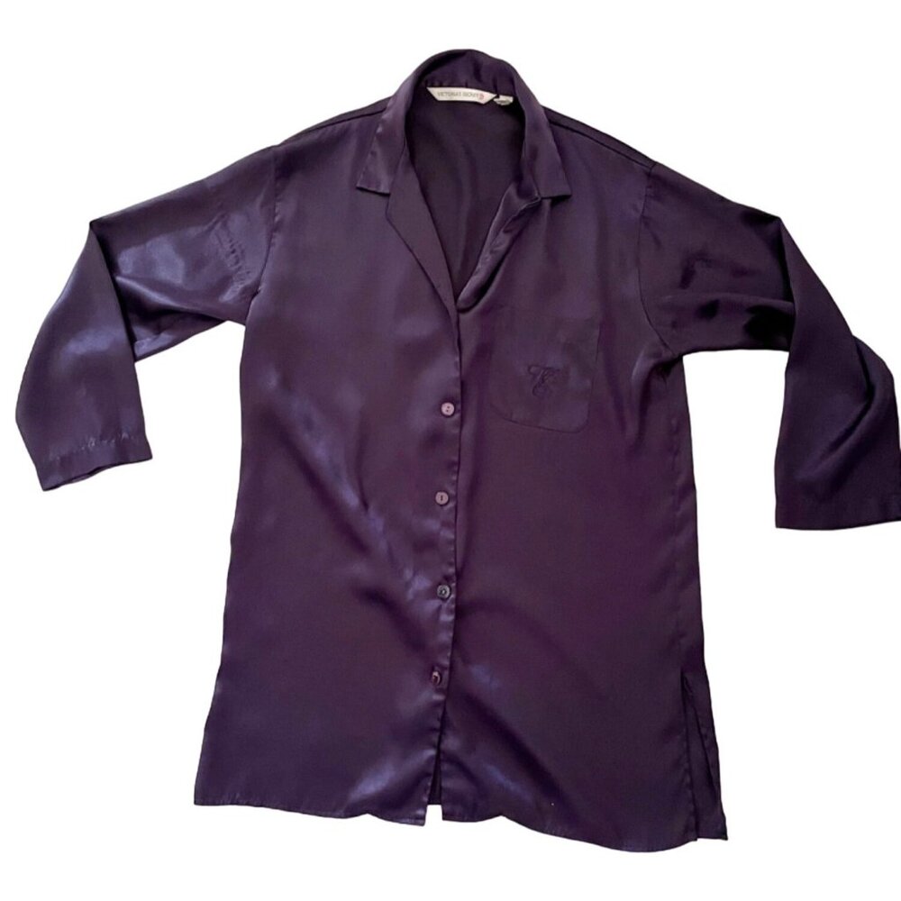 Vintage Victorias Secret Purple Satin Long Button-Up Nightshirt Pajama Top Sz XS - Picture 1 of 12